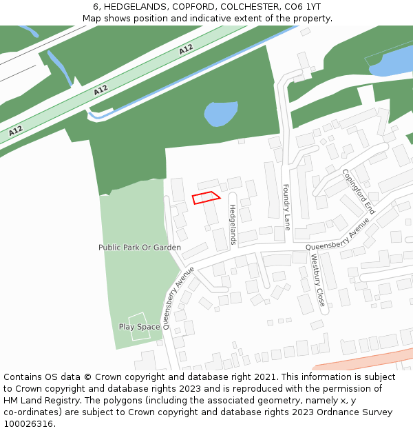 6, HEDGELANDS, COPFORD, COLCHESTER, CO6 1YT: Location map and indicative extent of plot