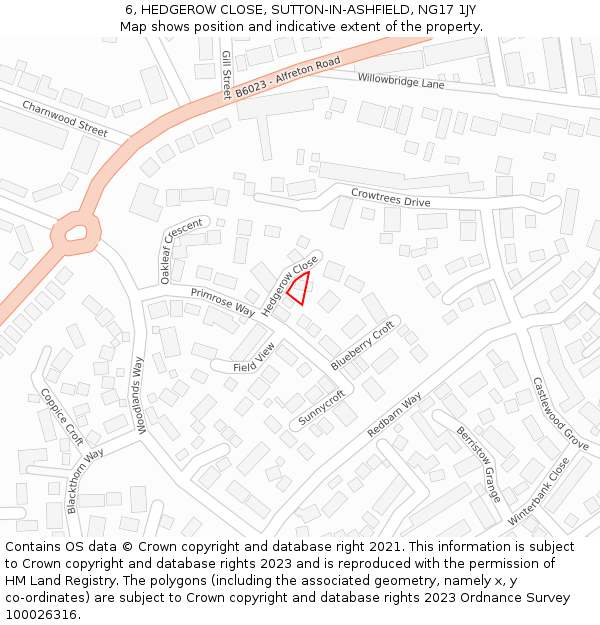 6, HEDGEROW CLOSE, SUTTON-IN-ASHFIELD, NG17 1JY: Location map and indicative extent of plot