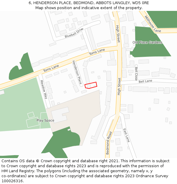 6, HENDERSON PLACE, BEDMOND, ABBOTS LANGLEY, WD5 0RE: Location map and indicative extent of plot