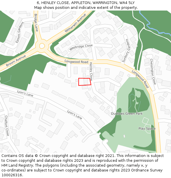 6, HENLEY CLOSE, APPLETON, WARRINGTON, WA4 5LY: Location map and indicative extent of plot