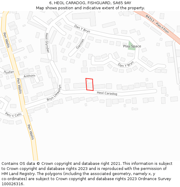 6, HEOL CARADOG, FISHGUARD, SA65 9AY: Location map and indicative extent of plot