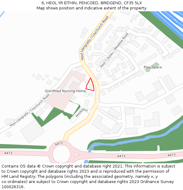 6, HEOL YR EITHIN, PENCOED, BRIDGEND, CF35 5LX: Location map and indicative extent of plot