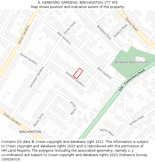 6, HEREFORD GARDENS, BIRCHINGTON, CT7 9TE: Location map and indicative extent of plot