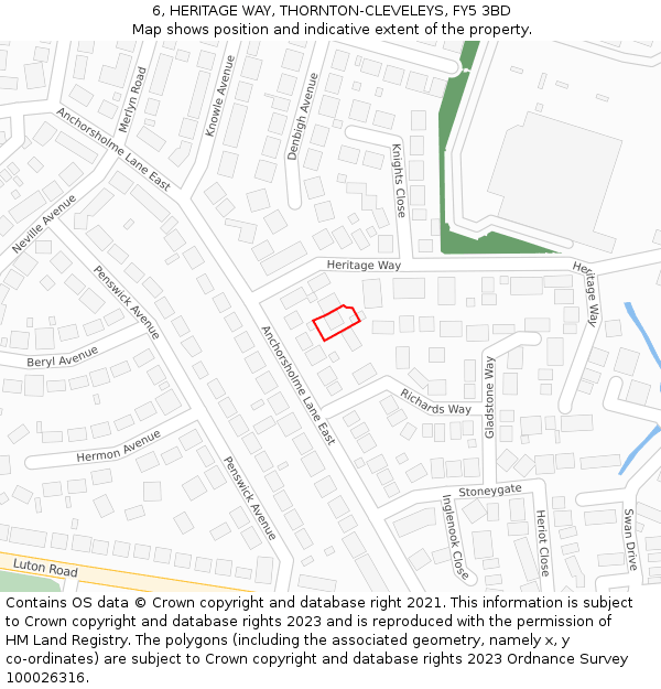 6, HERITAGE WAY, THORNTON-CLEVELEYS, FY5 3BD: Location map and indicative extent of plot