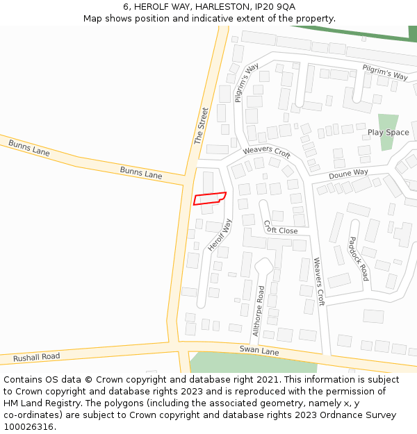 6, HEROLF WAY, HARLESTON, IP20 9QA: Location map and indicative extent of plot