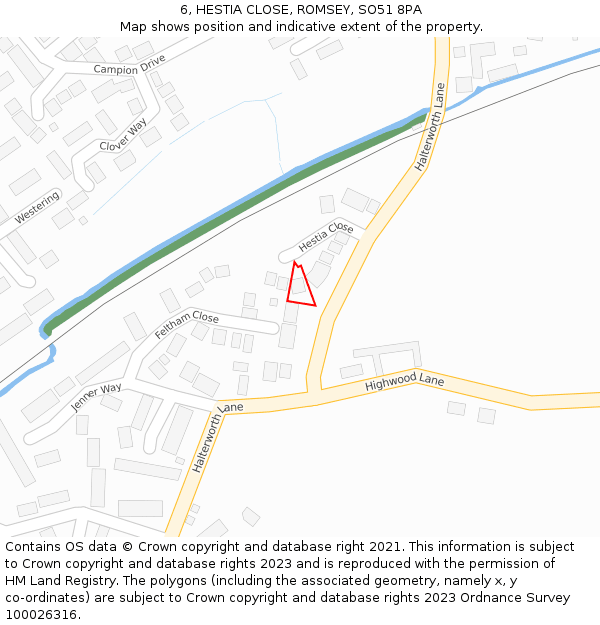 6, HESTIA CLOSE, ROMSEY, SO51 8PA: Location map and indicative extent of plot