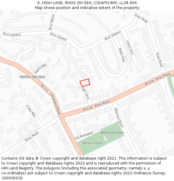 6, HIGH LANE, RHOS ON SEA, COLWYN BAY, LL28 4SA: Location map and indicative extent of plot