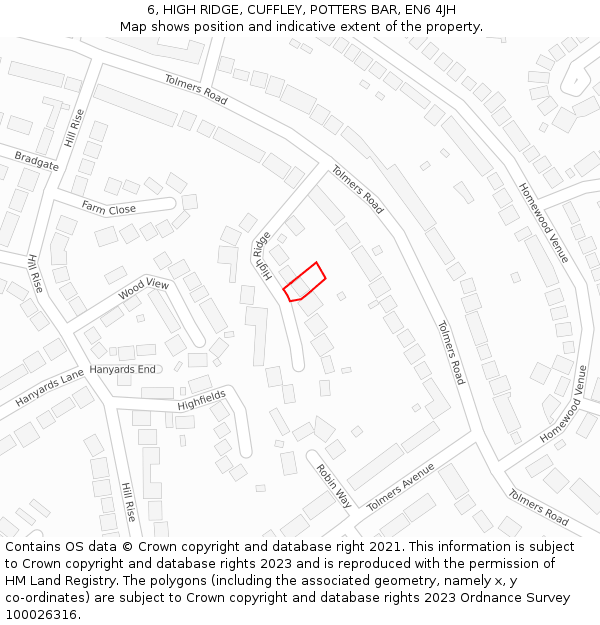 6, HIGH RIDGE, CUFFLEY, POTTERS BAR, EN6 4JH: Location map and indicative extent of plot