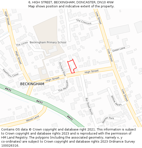 6, HIGH STREET, BECKINGHAM, DONCASTER, DN10 4NW: Location map and indicative extent of plot