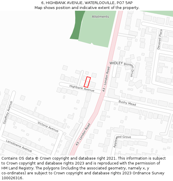 6, HIGHBANK AVENUE, WATERLOOVILLE, PO7 5AP: Location map and indicative extent of plot