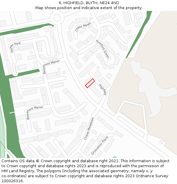 6, HIGHFIELD, BLYTH, NE24 4ND: Location map and indicative extent of plot