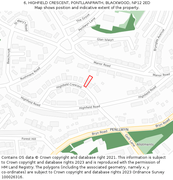 6, HIGHFIELD CRESCENT, PONTLLANFRAITH, BLACKWOOD, NP12 2ED: Location map and indicative extent of plot