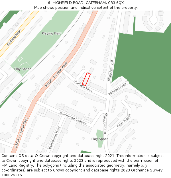 6, HIGHFIELD ROAD, CATERHAM, CR3 6QX: Location map and indicative extent of plot