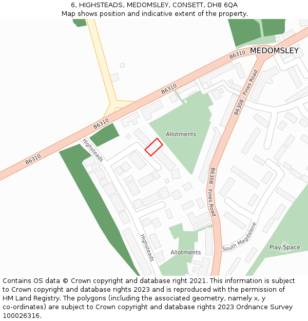 6, HIGHSTEADS, MEDOMSLEY, CONSETT, DH8 6QA: Location map and indicative extent of plot