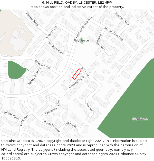 6, HILL FIELD, OADBY, LEICESTER, LE2 4RW: Location map and indicative extent of plot