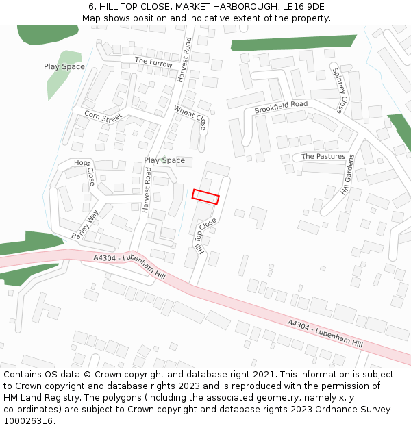 6, HILL TOP CLOSE, MARKET HARBOROUGH, LE16 9DE: Location map and indicative extent of plot