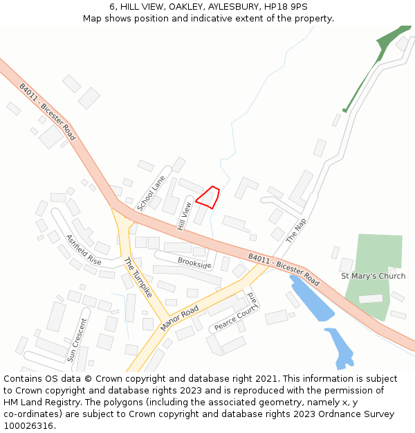 6, HILL VIEW, OAKLEY, AYLESBURY, HP18 9PS: Location map and indicative extent of plot