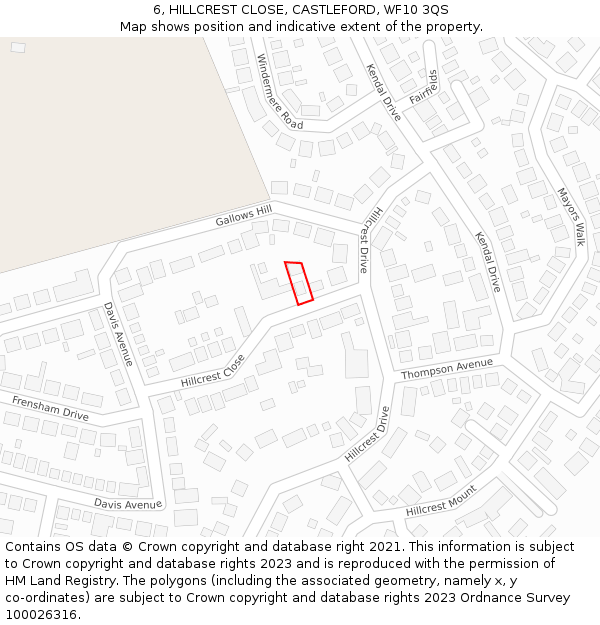 6, HILLCREST CLOSE, CASTLEFORD, WF10 3QS: Location map and indicative extent of plot