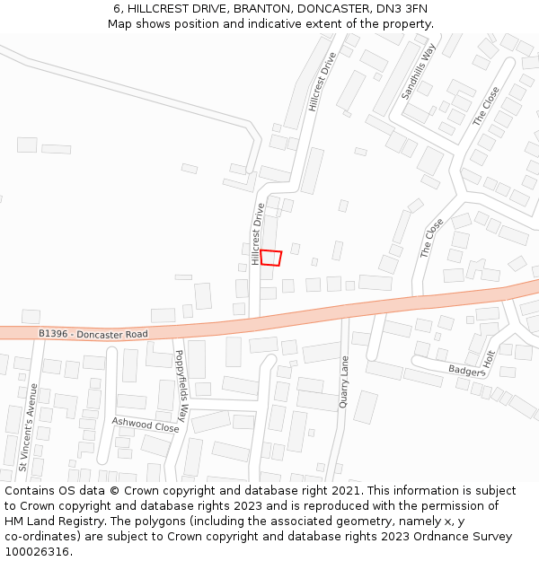 6, HILLCREST DRIVE, BRANTON, DONCASTER, DN3 3FN: Location map and indicative extent of plot