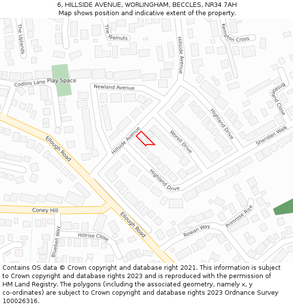 6, HILLSIDE AVENUE, WORLINGHAM, BECCLES, NR34 7AH: Location map and indicative extent of plot