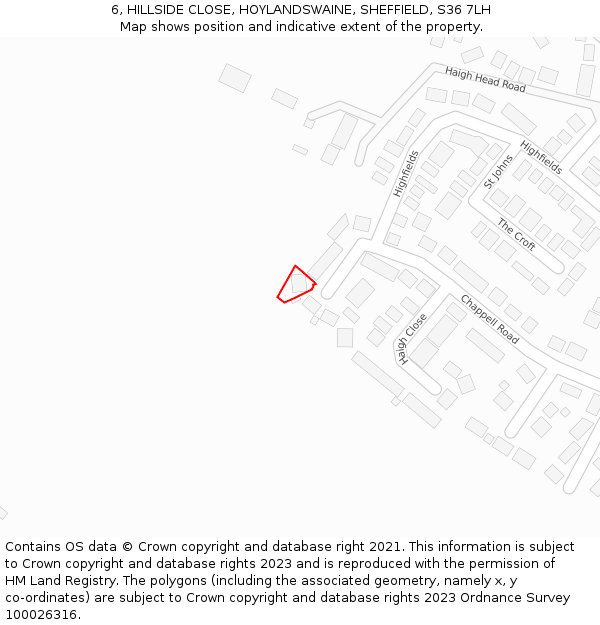 6, HILLSIDE CLOSE, HOYLANDSWAINE, SHEFFIELD, S36 7LH: Location map and indicative extent of plot