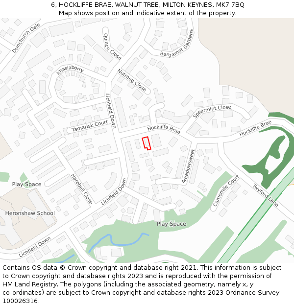 6, HOCKLIFFE BRAE, WALNUT TREE, MILTON KEYNES, MK7 7BQ: Location map and indicative extent of plot