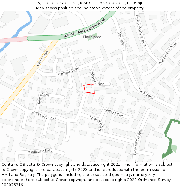 6, HOLDENBY CLOSE, MARKET HARBOROUGH, LE16 8JE: Location map and indicative extent of plot