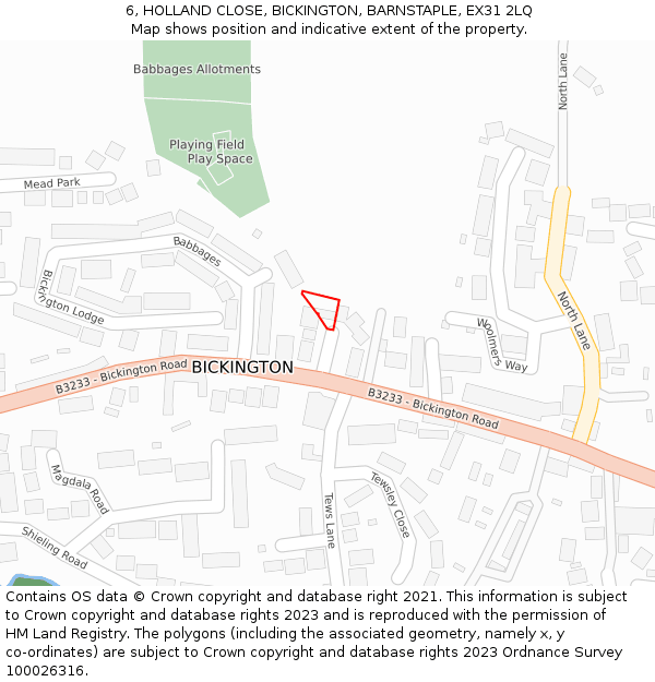 6, HOLLAND CLOSE, BICKINGTON, BARNSTAPLE, EX31 2LQ: Location map and indicative extent of plot