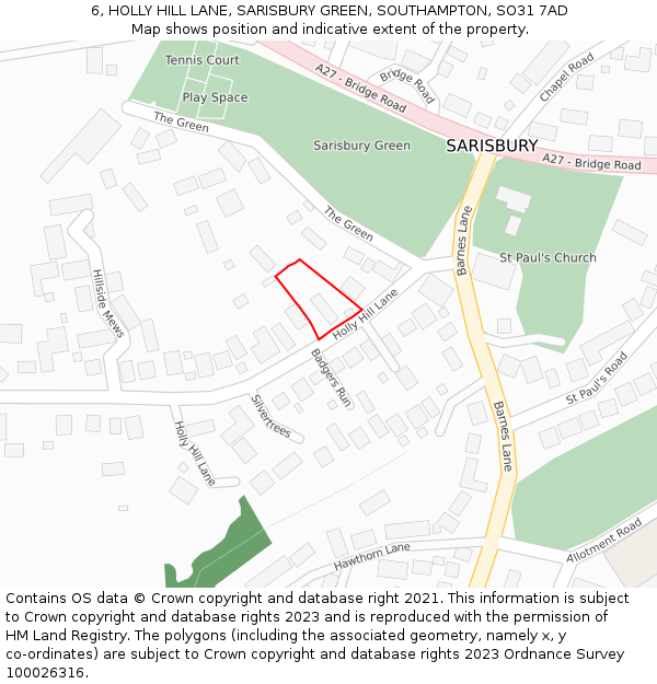 6, HOLLY HILL LANE, SARISBURY GREEN, SOUTHAMPTON, SO31 7AD: Location map and indicative extent of plot