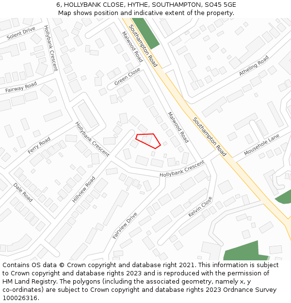 6, HOLLYBANK CLOSE, HYTHE, SOUTHAMPTON, SO45 5GE: Location map and indicative extent of plot