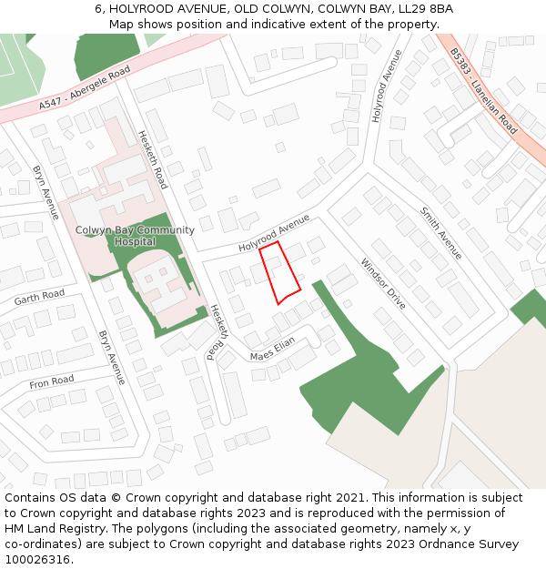 6, HOLYROOD AVENUE, OLD COLWYN, COLWYN BAY, LL29 8BA: Location map and indicative extent of plot