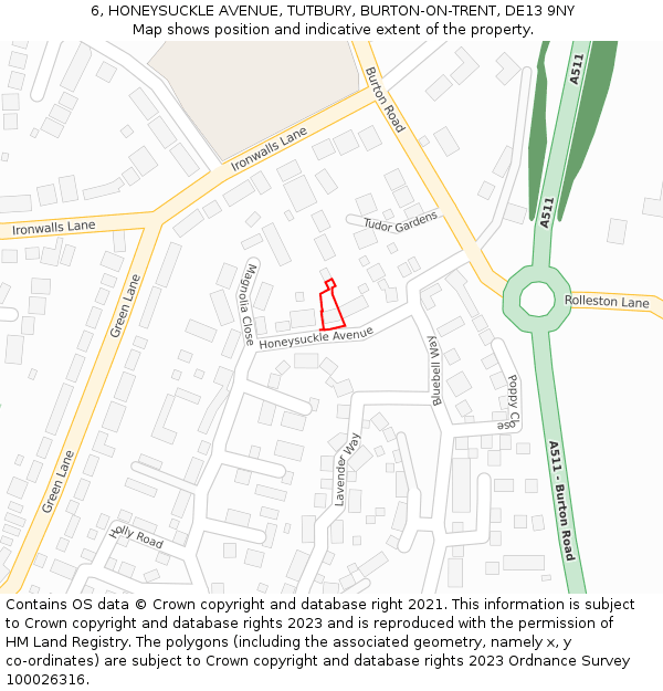 6, HONEYSUCKLE AVENUE, TUTBURY, BURTON-ON-TRENT, DE13 9NY: Location map and indicative extent of plot