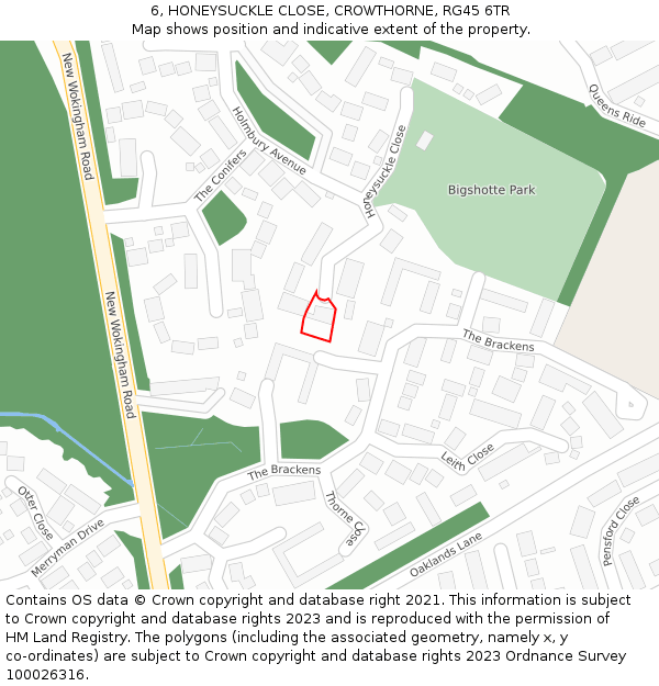 6, HONEYSUCKLE CLOSE, CROWTHORNE, RG45 6TR: Location map and indicative extent of plot