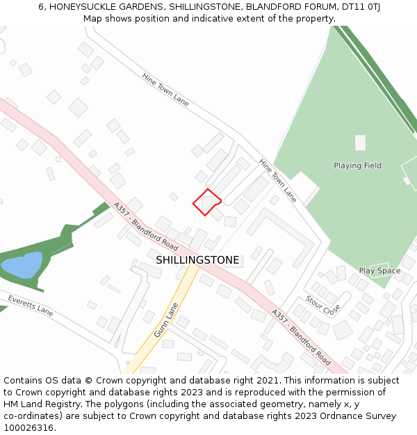 6, HONEYSUCKLE GARDENS, SHILLINGSTONE, BLANDFORD FORUM, DT11 0TJ: Location map and indicative extent of plot