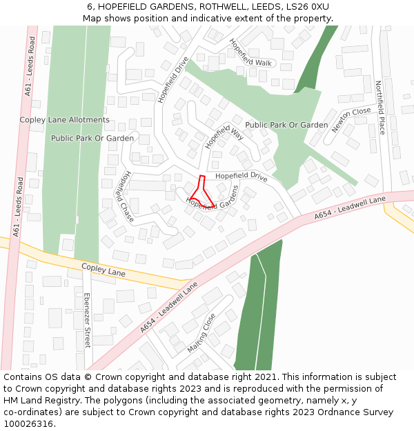 6, HOPEFIELD GARDENS, ROTHWELL, LEEDS, LS26 0XU: Location map and indicative extent of plot