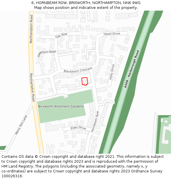 6, HORNBEAM ROW, BRIXWORTH, NORTHAMPTON, NN6 9WG: Location map and indicative extent of plot