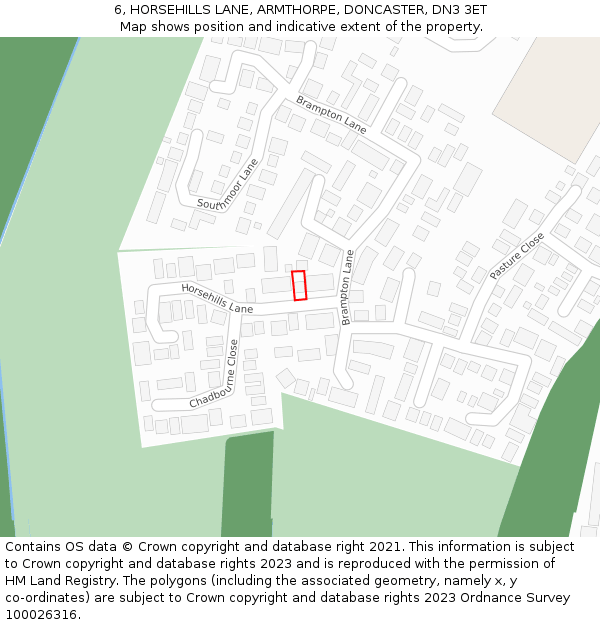 6, HORSEHILLS LANE, ARMTHORPE, DONCASTER, DN3 3ET: Location map and indicative extent of plot