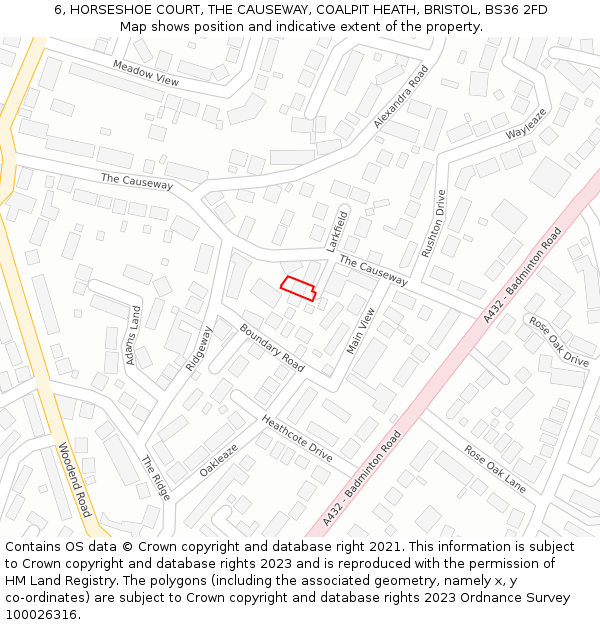 6, HORSESHOE COURT, THE CAUSEWAY, COALPIT HEATH, BRISTOL, BS36 2FD: Location map and indicative extent of plot