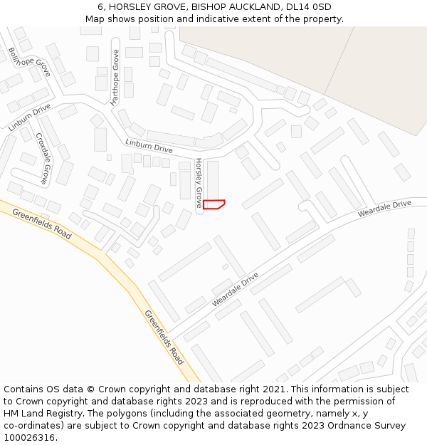 6, HORSLEY GROVE, BISHOP AUCKLAND, DL14 0SD: Location map and indicative extent of plot