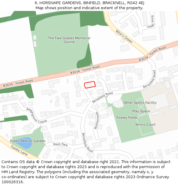 6, HORSNAPE GARDENS, BINFIELD, BRACKNELL, RG42 4EJ: Location map and indicative extent of plot