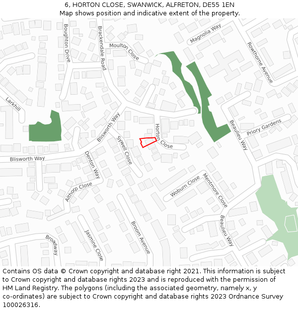 6, HORTON CLOSE, SWANWICK, ALFRETON, DE55 1EN: Location map and indicative extent of plot
