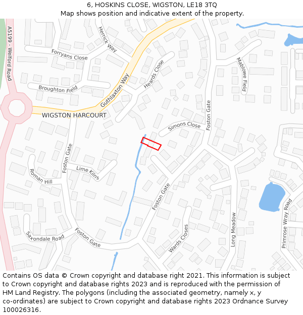 6, HOSKINS CLOSE, WIGSTON, LE18 3TQ: Location map and indicative extent of plot