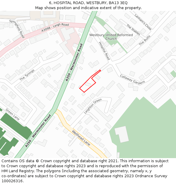 6, HOSPITAL ROAD, WESTBURY, BA13 3EQ: Location map and indicative extent of plot