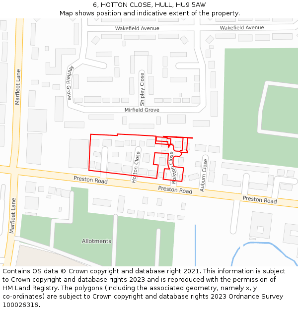 6, HOTTON CLOSE, HULL, HU9 5AW: Location map and indicative extent of plot