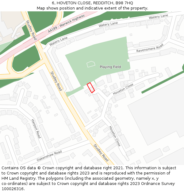 6, HOVETON CLOSE, REDDITCH, B98 7HQ: Location map and indicative extent of plot