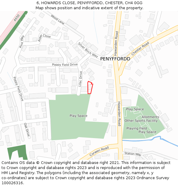 6, HOWARDS CLOSE, PENYFFORDD, CHESTER, CH4 0GG: Location map and indicative extent of plot