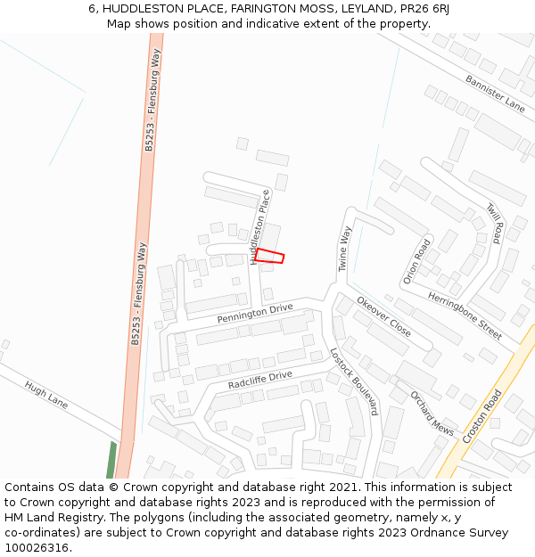 6, HUDDLESTON PLACE, FARINGTON MOSS, LEYLAND, PR26 6RJ: Location map and indicative extent of plot