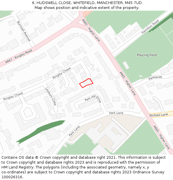 6, HUDSWELL CLOSE, WHITEFIELD, MANCHESTER, M45 7UD: Location map and indicative extent of plot