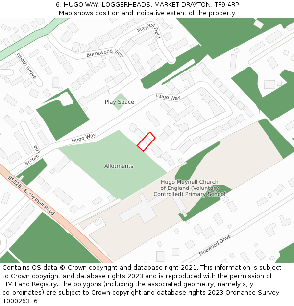 6, HUGO WAY, LOGGERHEADS, MARKET DRAYTON, TF9 4RP: Location map and indicative extent of plot