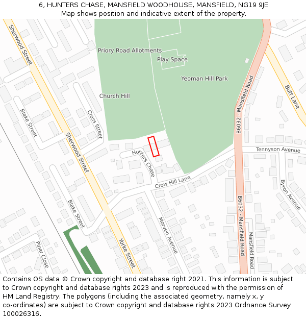 6, HUNTERS CHASE, MANSFIELD WOODHOUSE, MANSFIELD, NG19 9JE: Location map and indicative extent of plot